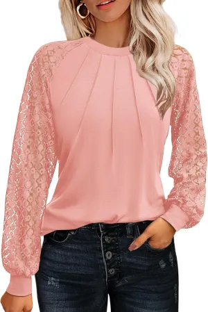 HOTOUCH Womens Lace Short/Long Sleeve Tops Dressy Casual Blouses Pleated Work Dressy Shirts Holiday Outfits S-3XL