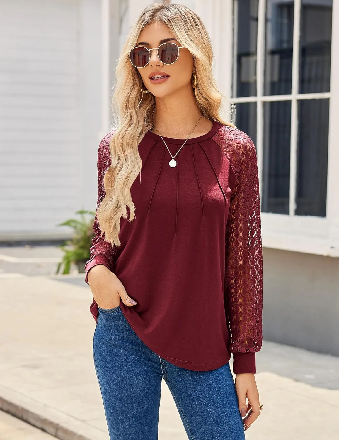 HOTOUCH Womens Lace Short/Long Sleeve Tops Dressy Casual Blouses Pleated Work Dressy Shirts Holiday Outfits S-3XL