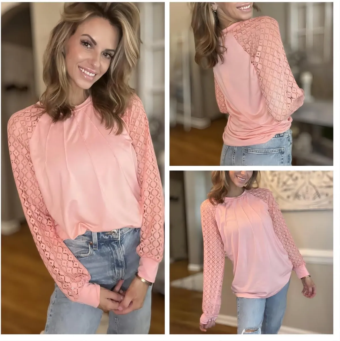 HOTOUCH Womens Lace Short/Long Sleeve Tops Dressy Casual Blouses Pleated Work Dressy Shirts Holiday Outfits S-3XL