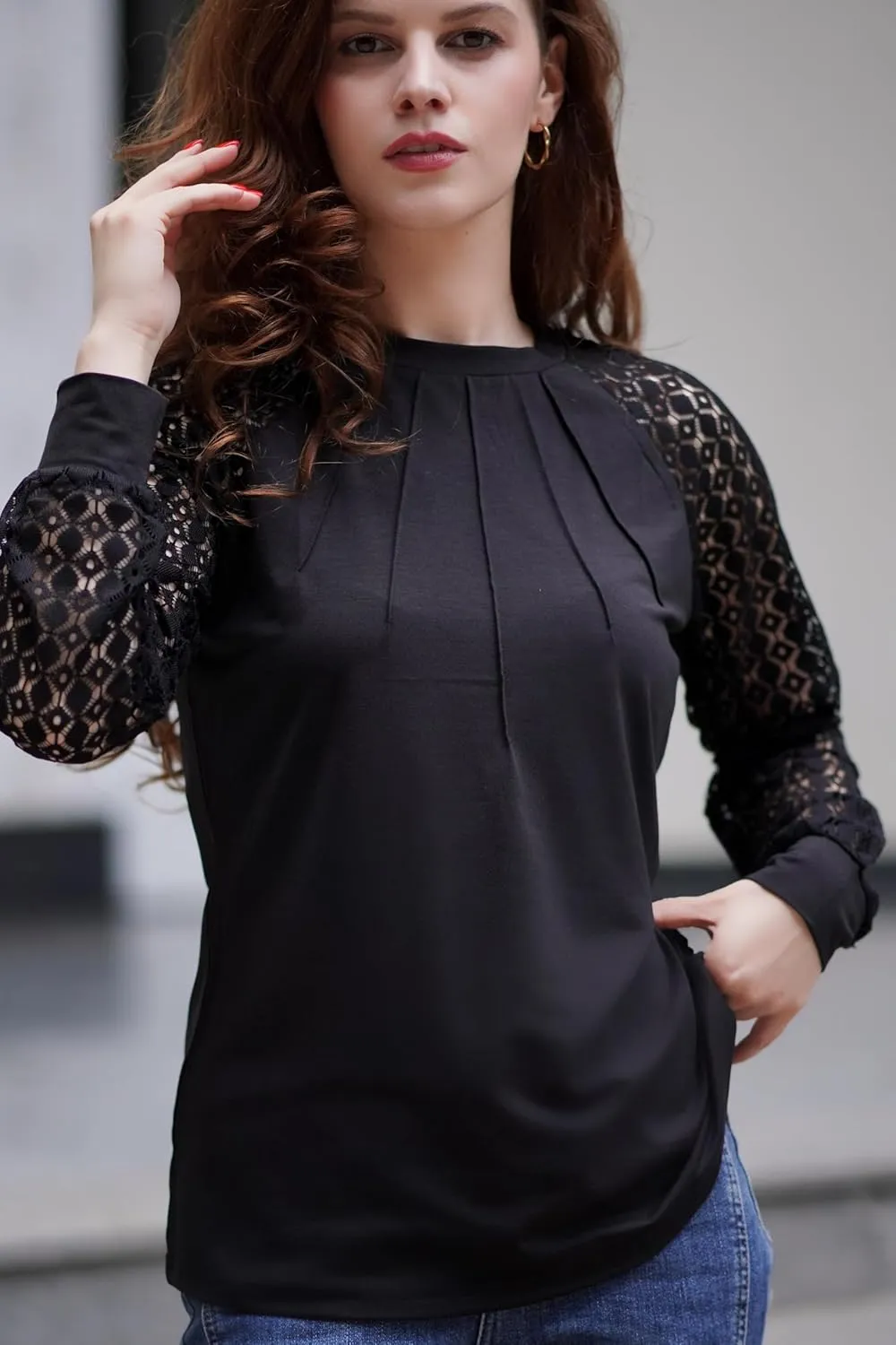 HOTOUCH Womens Lace Short/Long Sleeve Tops Dressy Casual Blouses Pleated Work Dressy Shirts Holiday Outfits S-3XL