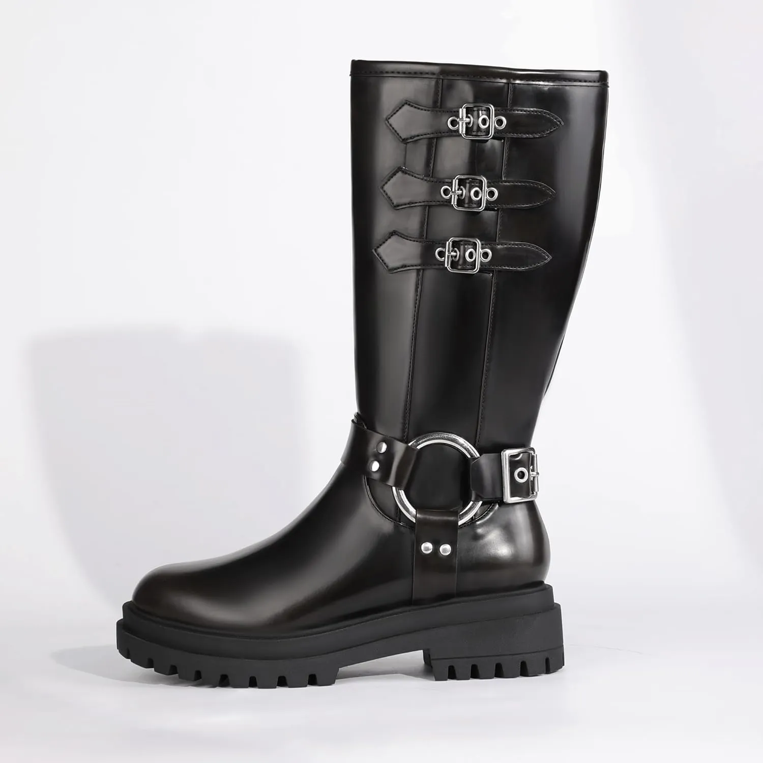 IDIFU IN2 Knee High Riding Boots Women Low Chunky Heel Motorcycle Boots with Side Zipper Comfortable Round Toe Tall Boots for Women Fall Platform Lug Sole Fashion Buckles Biker Boots