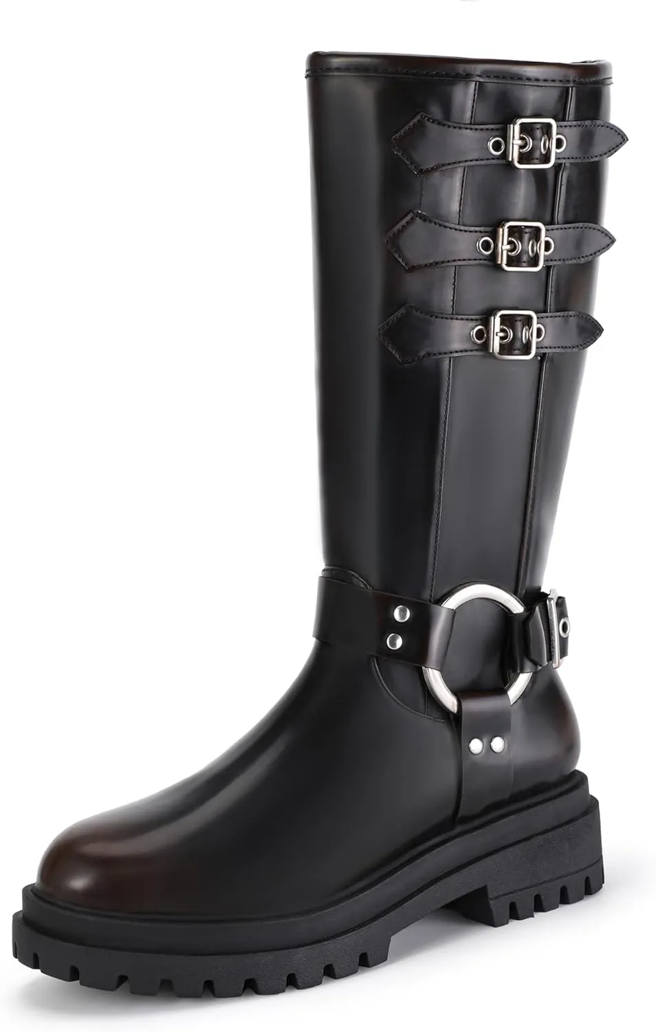 IDIFU IN2 Knee High Riding Boots Women Low Chunky Heel Motorcycle Boots with Side Zipper Comfortable Round Toe Tall Boots for Women Fall Platform Lug Sole Fashion Buckles Biker Boots