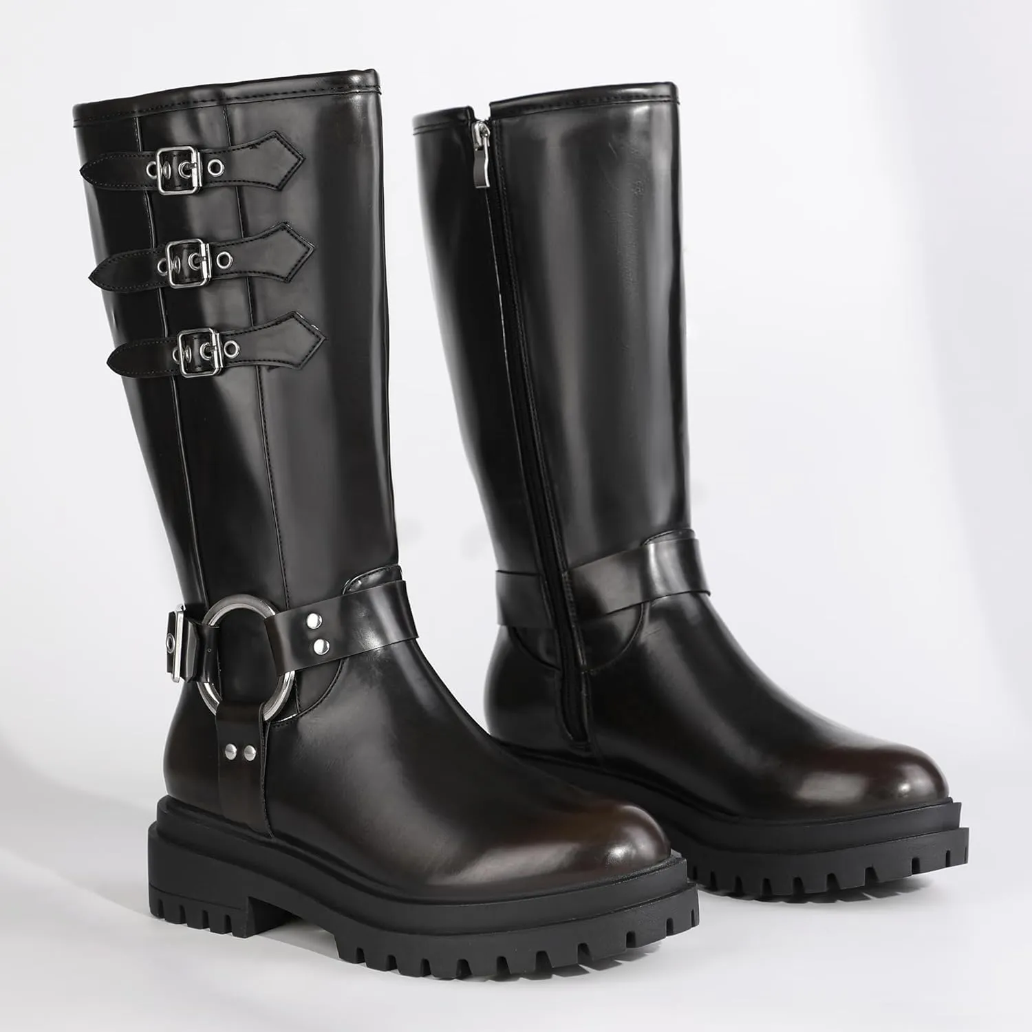 IDIFU IN2 Knee High Riding Boots Women Low Chunky Heel Motorcycle Boots with Side Zipper Comfortable Round Toe Tall Boots for Women Fall Platform Lug Sole Fashion Buckles Biker Boots