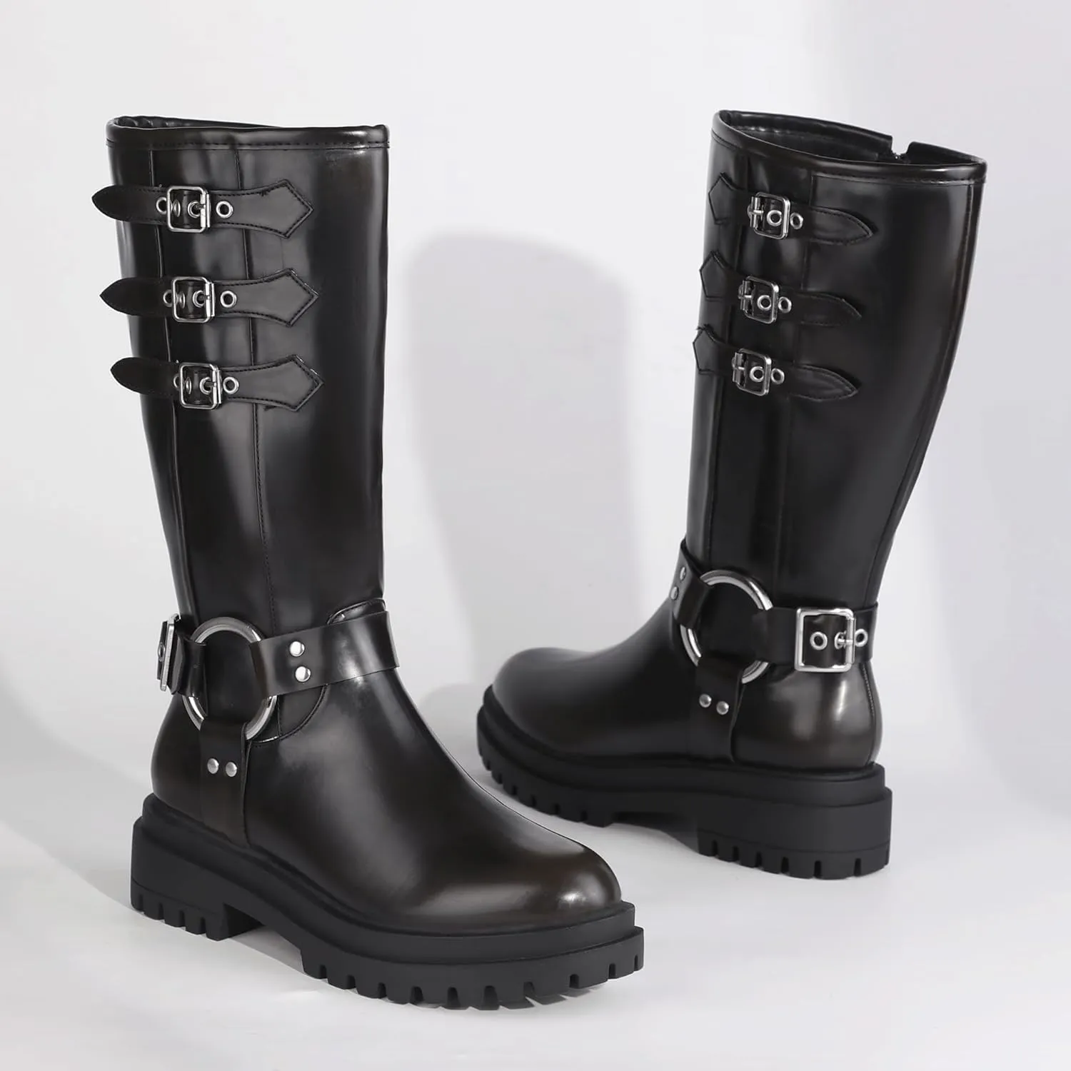 IDIFU IN2 Knee High Riding Boots Women Low Chunky Heel Motorcycle Boots with Side Zipper Comfortable Round Toe Tall Boots for Women Fall Platform Lug Sole Fashion Buckles Biker Boots