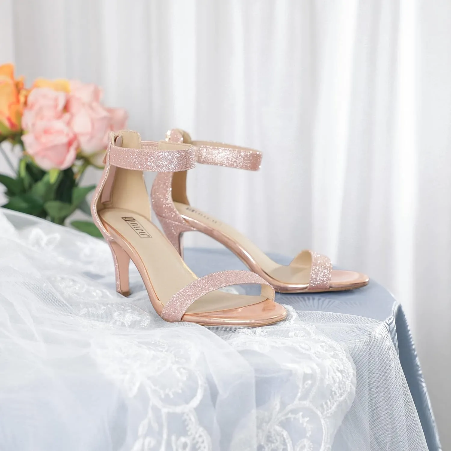 IDIFU Women's 3 Inch Kitten Heels - Dressy Open Toe Heels Ankle Strap Heeled Sandals for Bride Wedding Bridal Shoes On Evening Prom