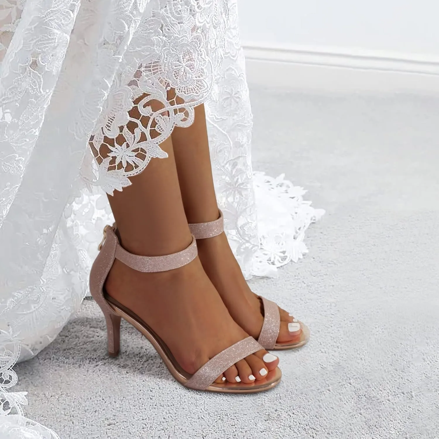 IDIFU Women's 3 Inch Kitten Heels - Dressy Open Toe Heels Ankle Strap Heeled Sandals for Bride Wedding Bridal Shoes On Evening Prom