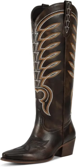 ISNOM Cowboy Boots for Women Knee High Cowgirl Western Boots Womens Embroidered Tall Cowboy Boot Comfort Fashion Long Boot