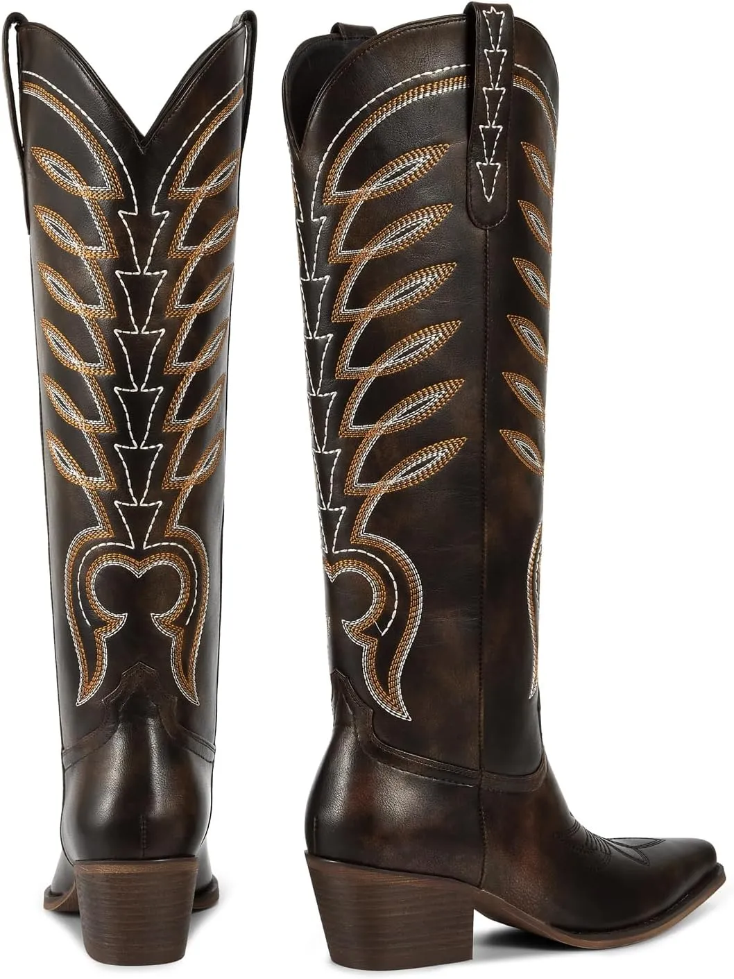 ISNOM Cowboy Boots for Women Knee High Cowgirl Western Boots Womens Embroidered Tall Cowboy Boot Comfort Fashion Long Boot