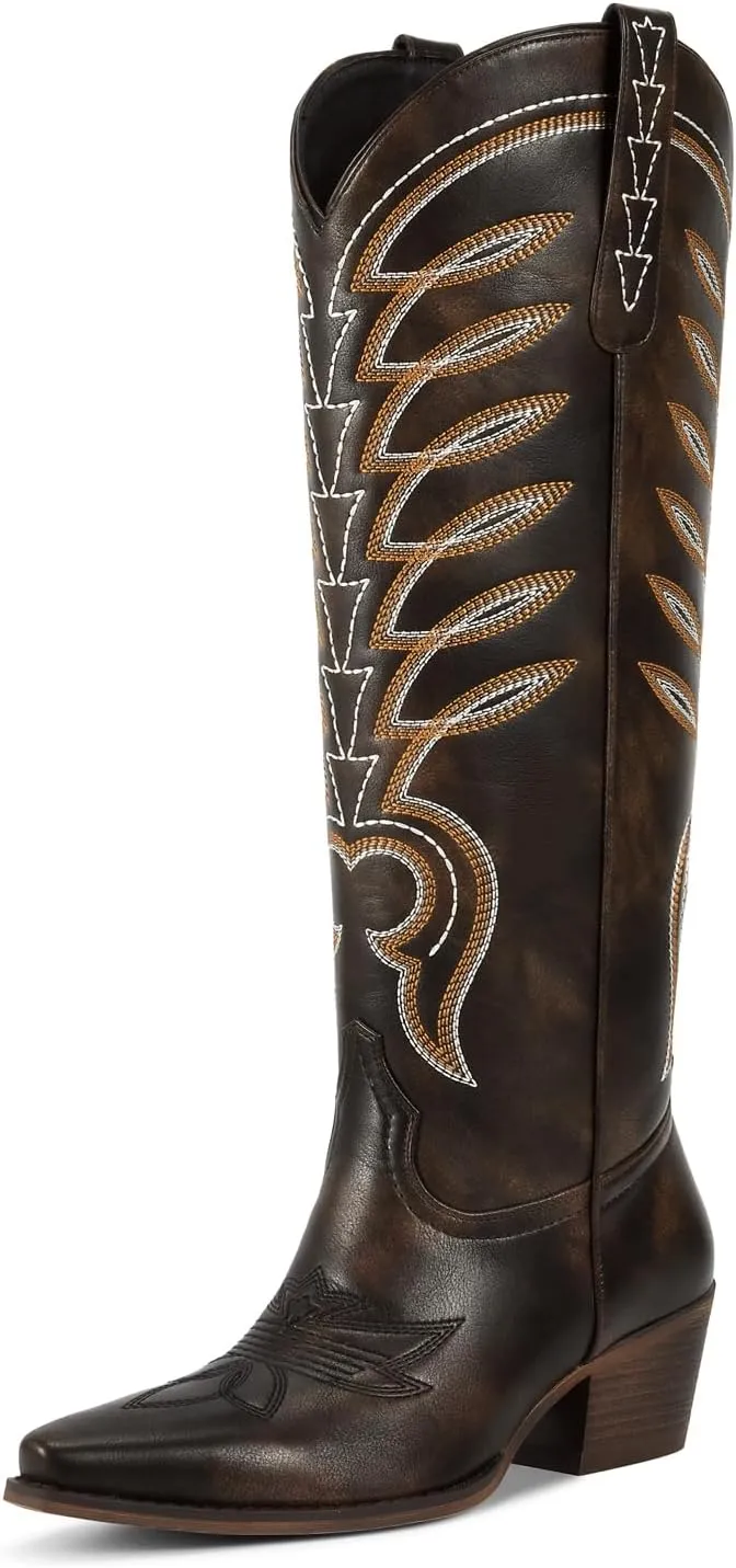 ISNOM Cowboy Boots for Women Knee High Cowgirl Western Boots Womens Embroidered Tall Cowboy Boot Comfort Fashion Long Boot