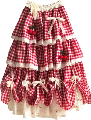 Japanese Style Lolita Cherry Gingham Skirt Lace Bowknots Tiered Ruffle Elastic High Waist A-line Cute Midi Skirts