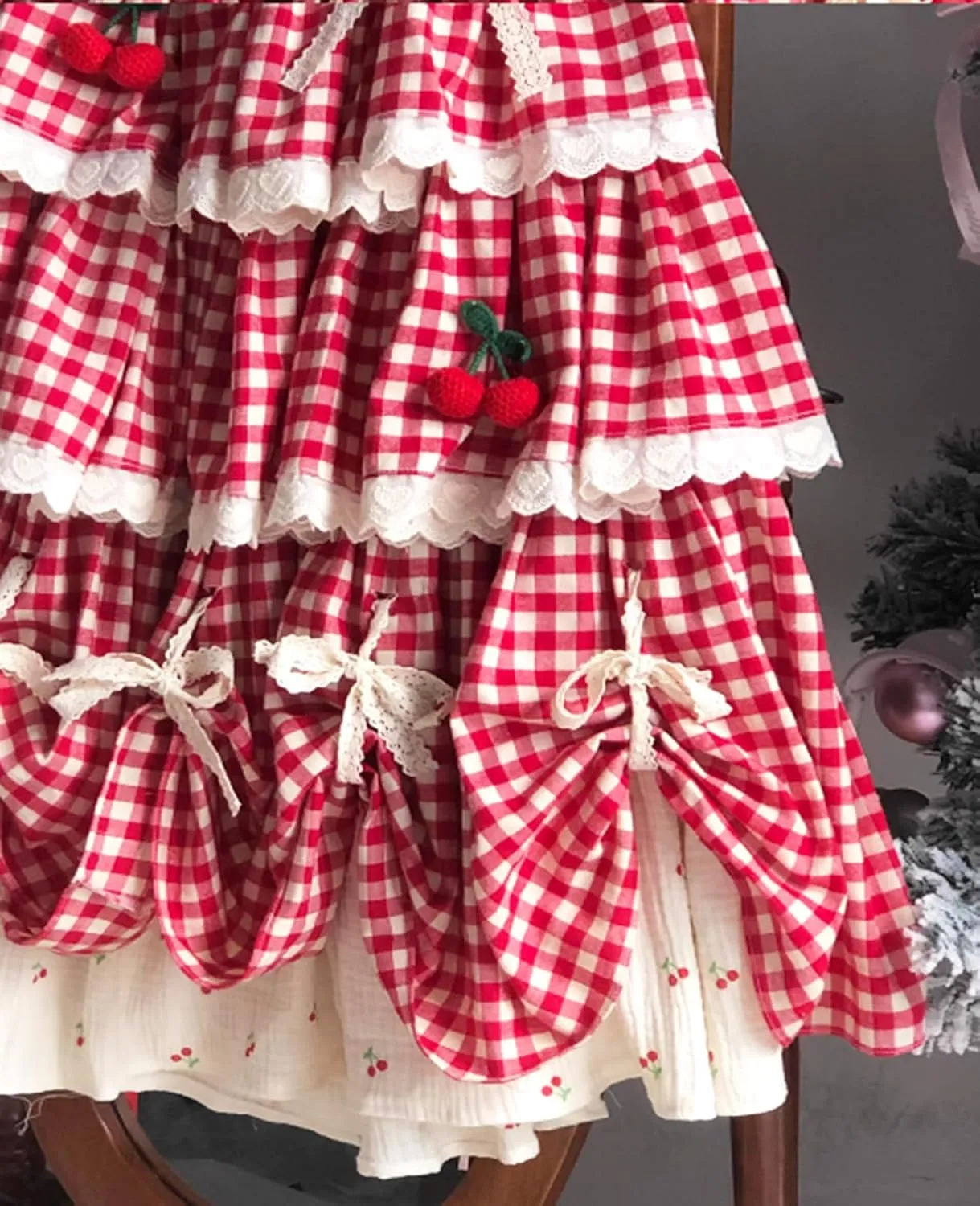 Japanese Style Lolita Cherry Gingham Skirt Lace Bowknots Tiered Ruffle Elastic High Waist A-line Cute Midi Skirts