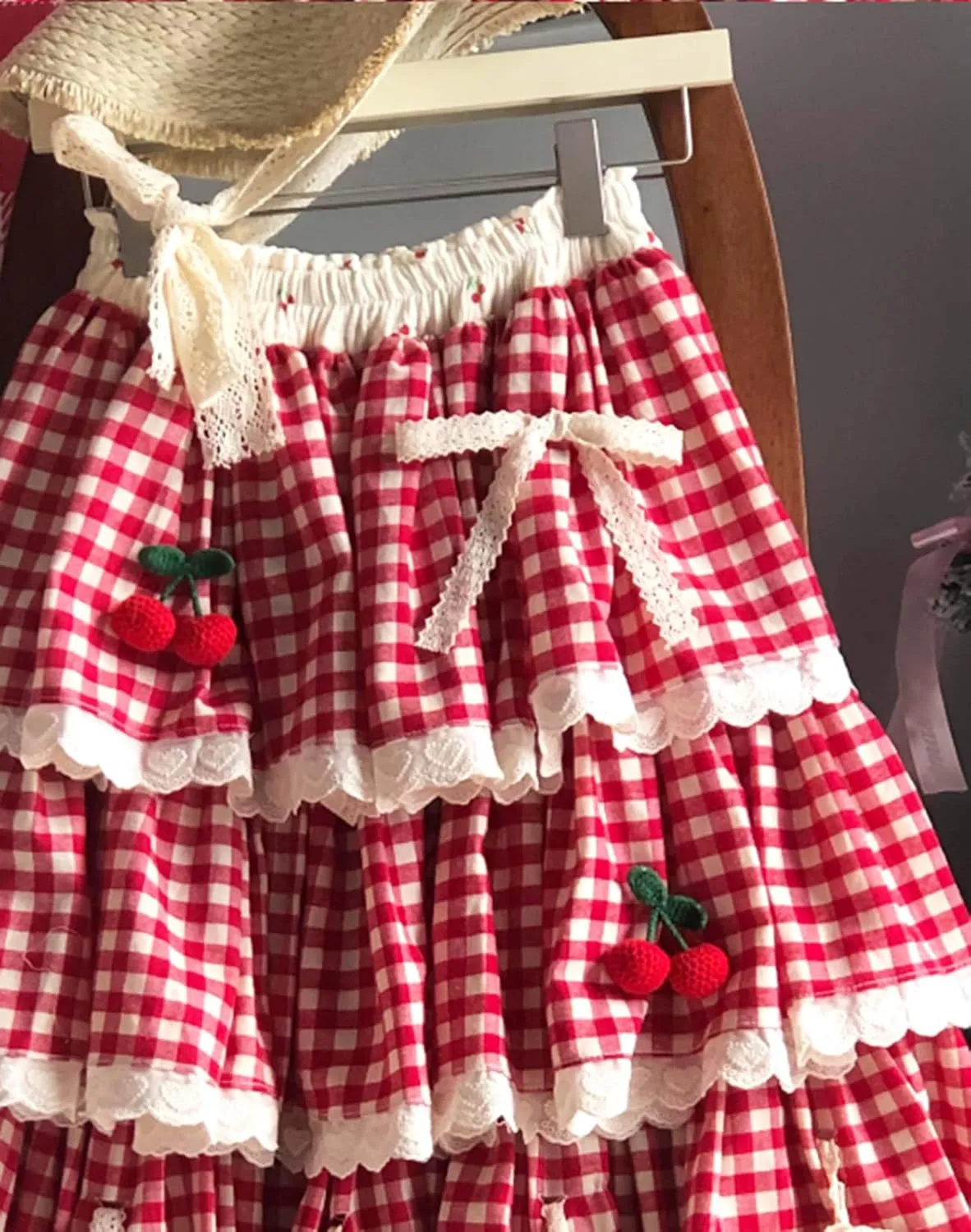 Japanese Style Lolita Cherry Gingham Skirt Lace Bowknots Tiered Ruffle Elastic High Waist A-line Cute Midi Skirts