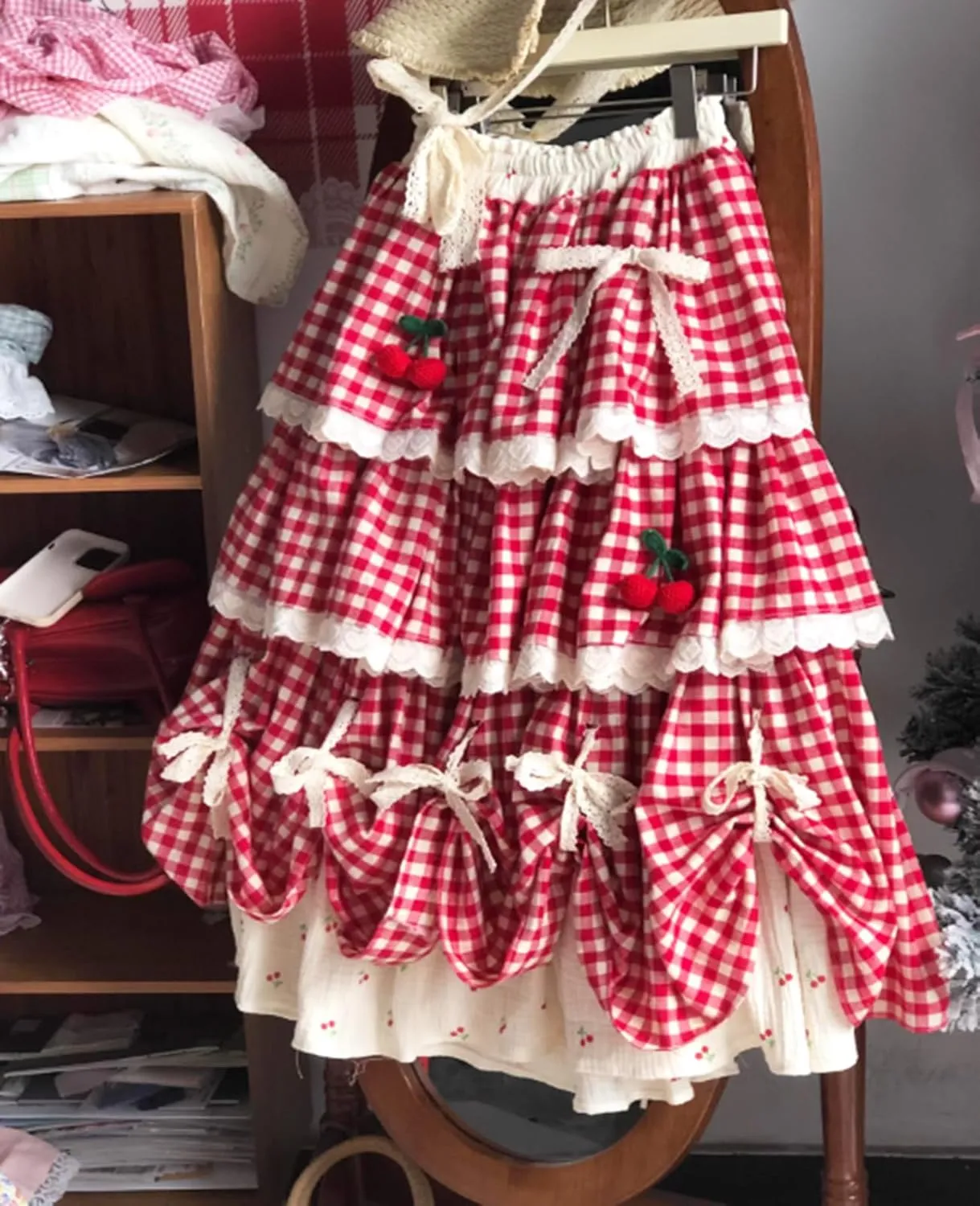 Japanese Style Lolita Cherry Gingham Skirt Lace Bowknots Tiered Ruffle Elastic High Waist A-line Cute Midi Skirts