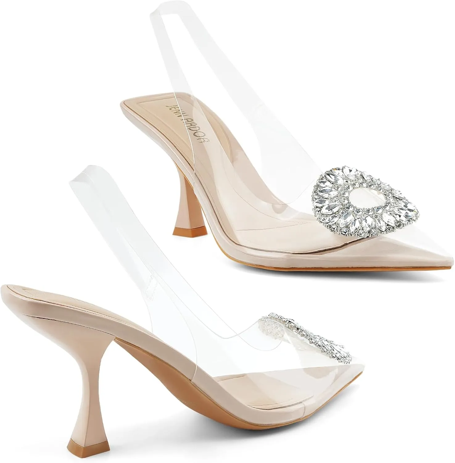 JENN ARDOR Clear Kitten Heels Sandals Slingback Closed Pointed Toe Crystal Rhinestones Wedding Bride Guest Dress High Sexy Party Pumps Comfortable Shoes For Women