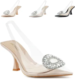 JENN ARDOR Clear Kitten Heels Sandals Slingback Closed Pointed Toe Crystal Rhinestones Wedding Bride Guest Dress High Sexy Party Pumps Comfortable Shoes For Women