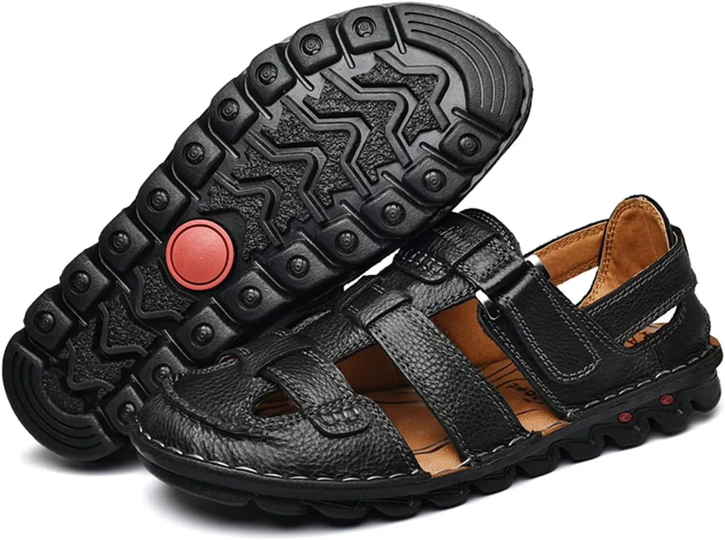 JIONS Mens Hand Stitching Outdoor Closed Toe Leather Sandals, Adjustable Heel Strap Slip on Sandals Beach Slippers Shoes