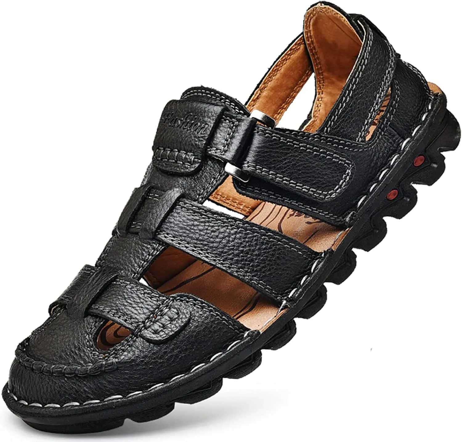 JIONS Mens Hand Stitching Outdoor Closed Toe Leather Sandals, Adjustable Heel Strap Slip on Sandals Beach Slippers Shoes
