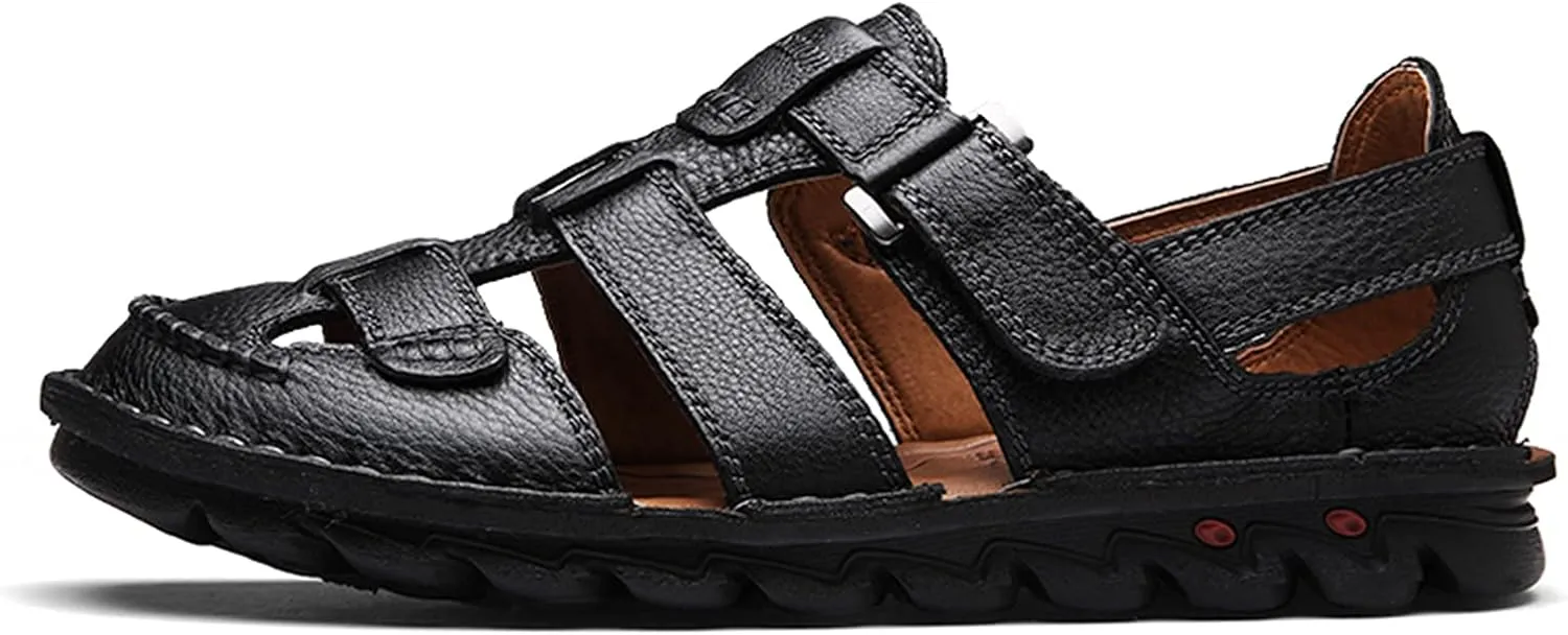 JIONS Mens Hand Stitching Outdoor Closed Toe Leather Sandals, Adjustable Heel Strap Slip on Sandals Beach Slippers Shoes
