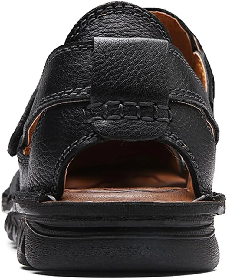 JIONS Mens Hand Stitching Outdoor Closed Toe Leather Sandals, Adjustable Heel Strap Slip on Sandals Beach Slippers Shoes