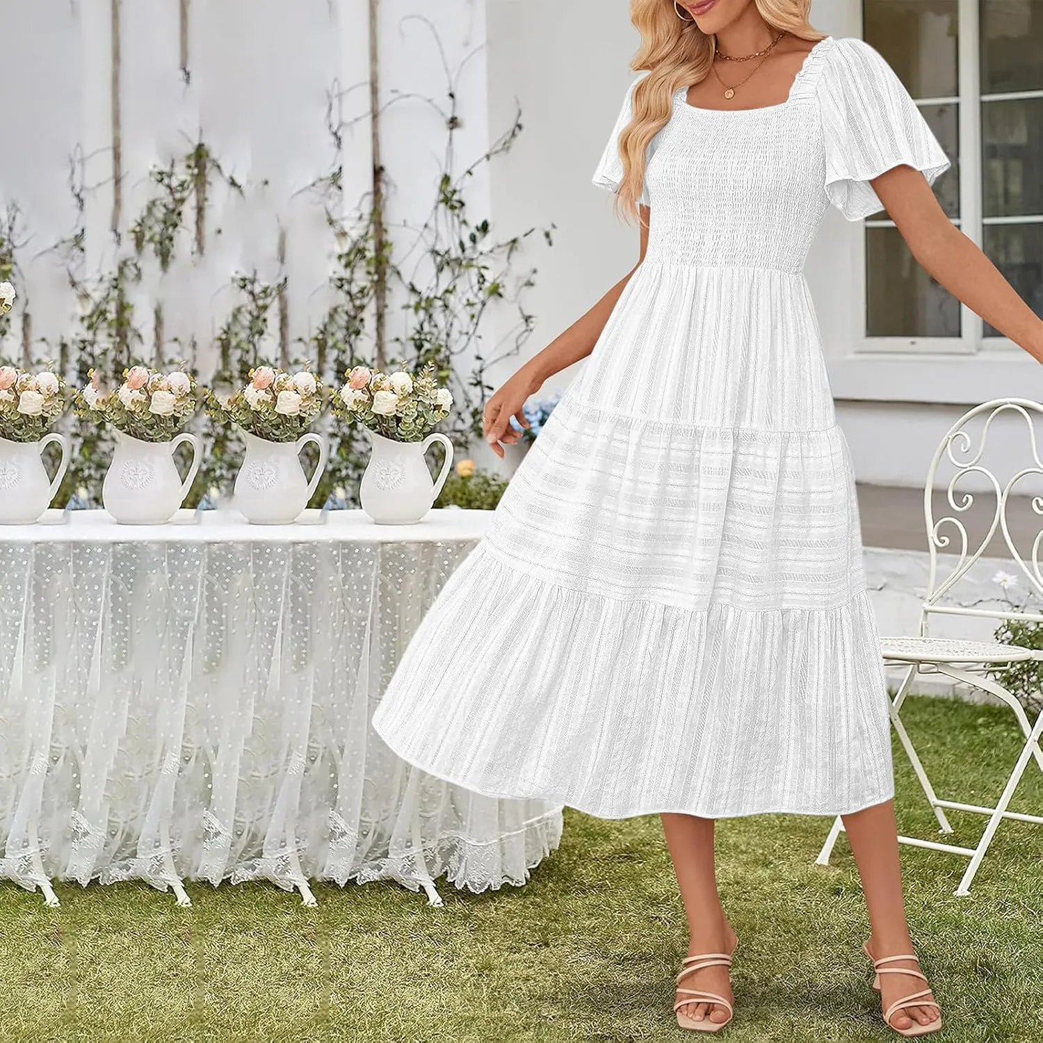 JOAU Women Summer Casual Mesh Embroidered Midi Dresses Ruffle Short Sleeve V Neck Tiered Swing A-Line Flowy Boho Pocket Dress
