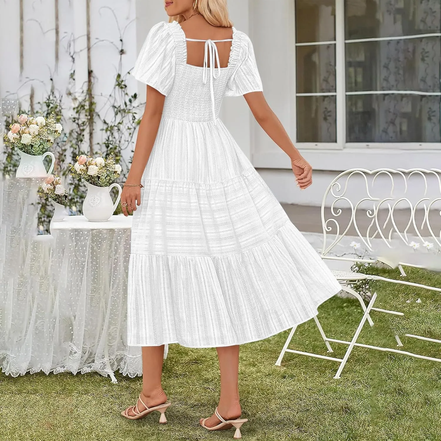 JOAU Women Summer Casual Mesh Embroidered Midi Dresses Ruffle Short Sleeve V Neck Tiered Swing A-Line Flowy Boho Pocket Dress