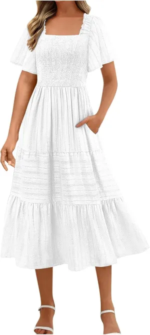 JOAU Women Summer Casual Mesh Embroidered Midi Dresses Ruffle Short Sleeve V Neck Tiered Swing A-Line Flowy Boho Pocket Dress