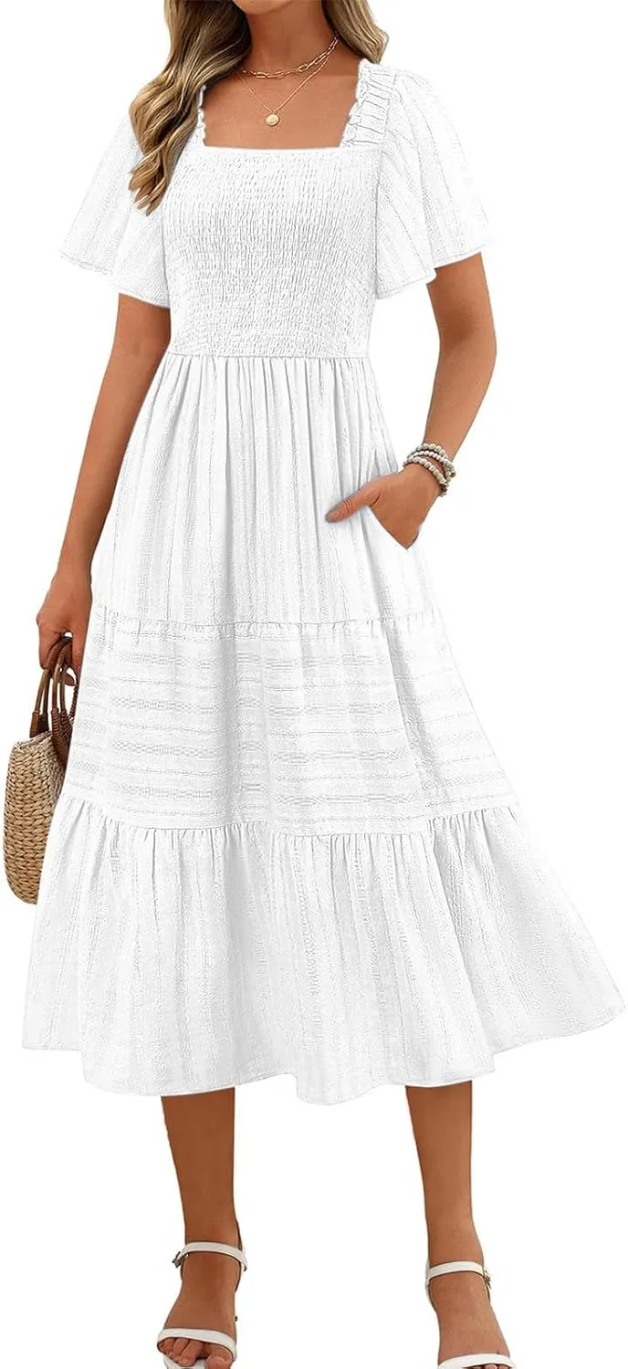 JOAU Women Summer Casual Mesh Embroidered Midi Dresses Ruffle Short Sleeve V Neck Tiered Swing A-Line Flowy Boho Pocket Dress