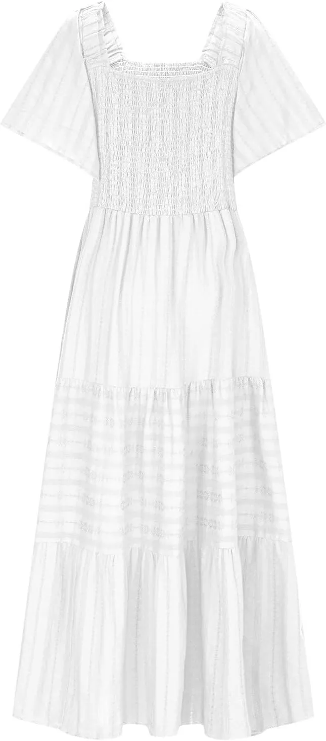 JOAU Women Summer Casual Mesh Embroidered Midi Dresses Ruffle Short Sleeve V Neck Tiered Swing A-Line Flowy Boho Pocket Dress