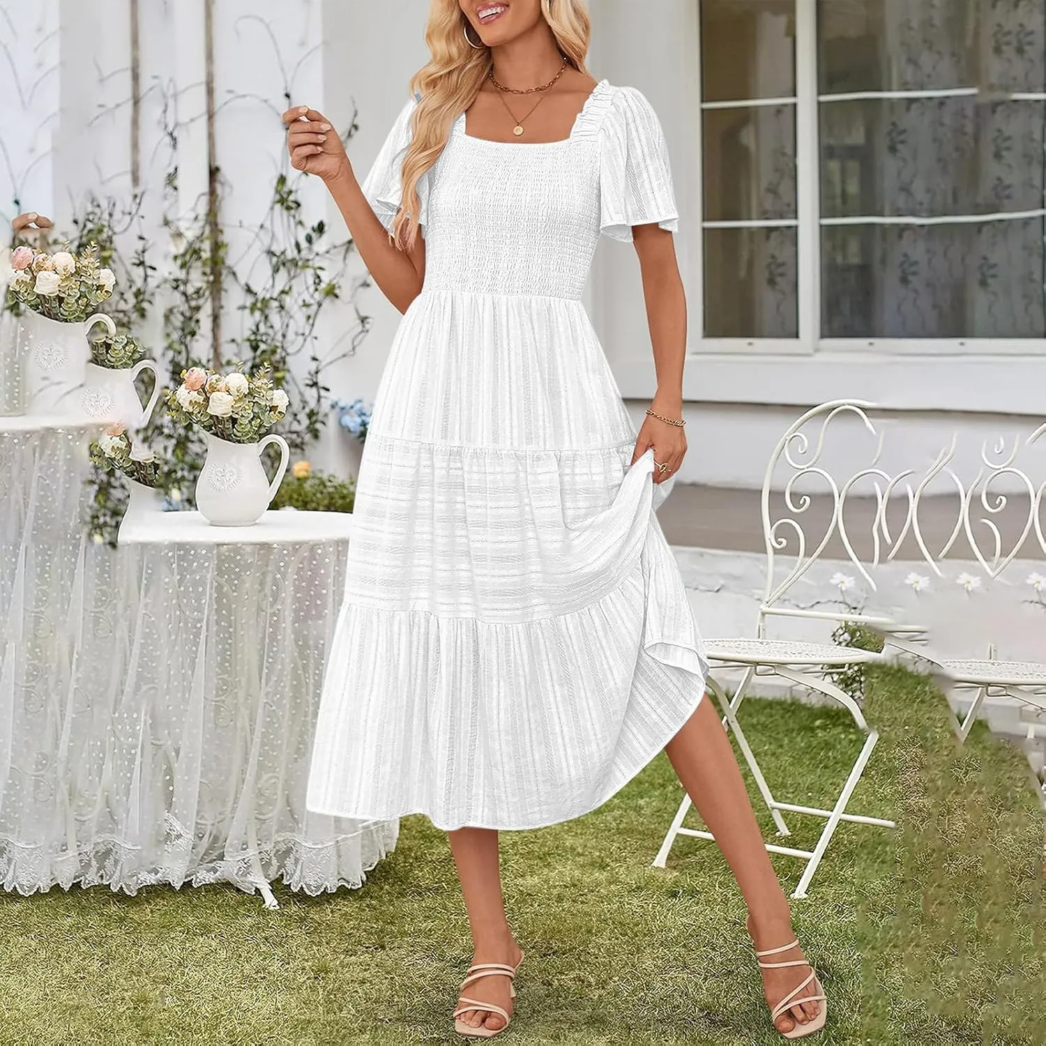 JOAU Women Summer Casual Mesh Embroidered Midi Dresses Ruffle Short Sleeve V Neck Tiered Swing A-Line Flowy Boho Pocket Dress