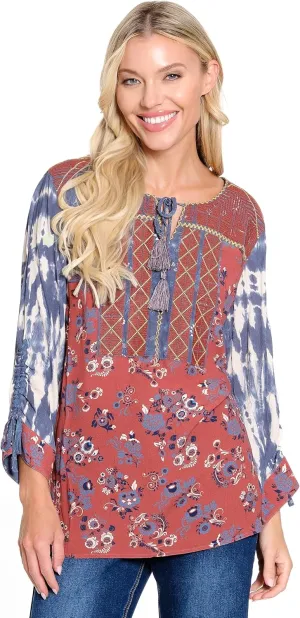 john mark Women's Mix Print Embroidered Tassel Tunic with Cinch Tie Sleeves