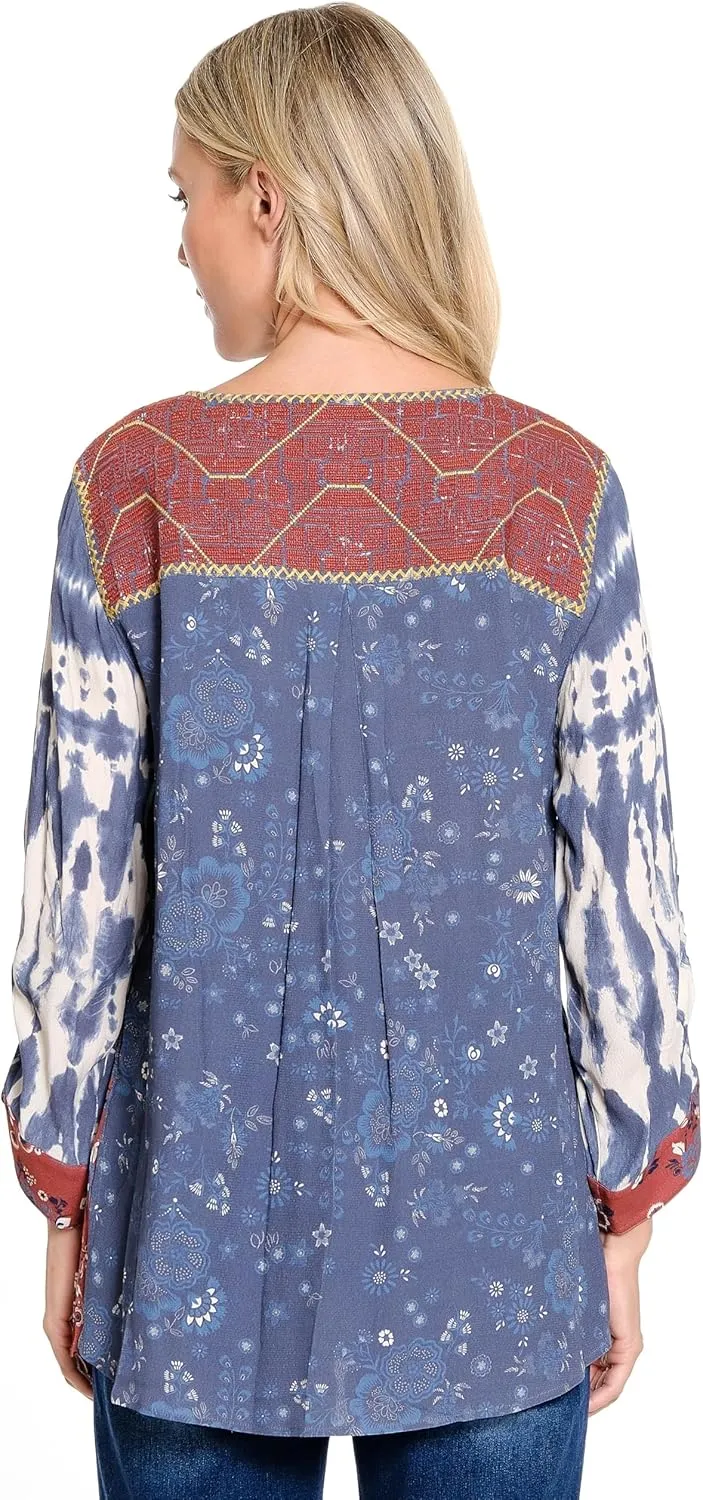 john mark Women's Mix Print Embroidered Tassel Tunic with Cinch Tie Sleeves