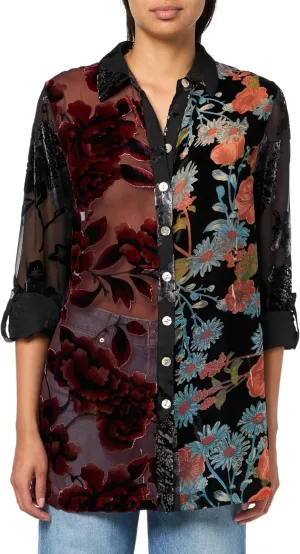john mark Women's Multi Burnout Velvet Button Front Tunic with Roll Tab Sleeves