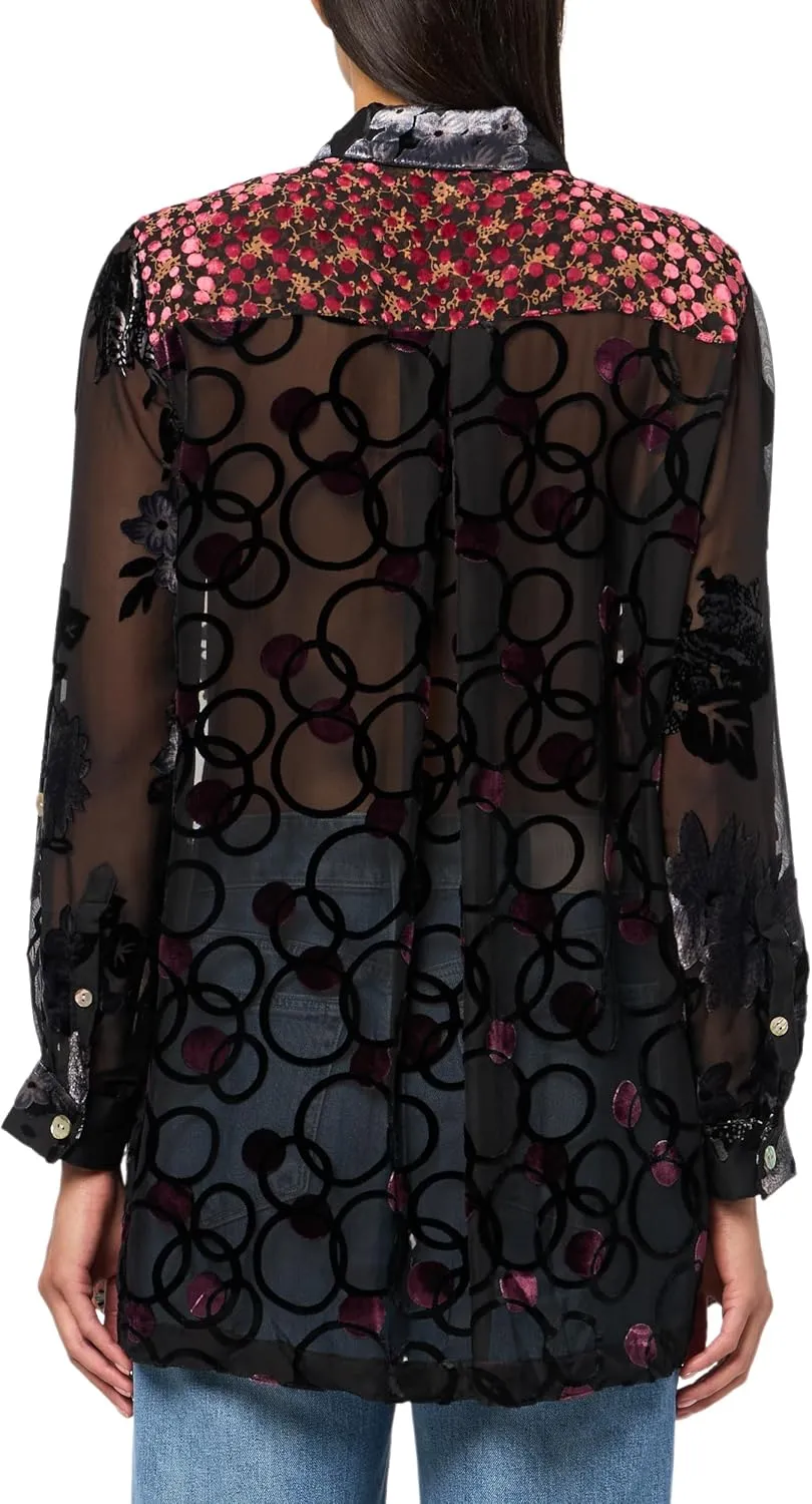 john mark Women's Multi Burnout Velvet Button Front Tunic with Roll Tab Sleeves