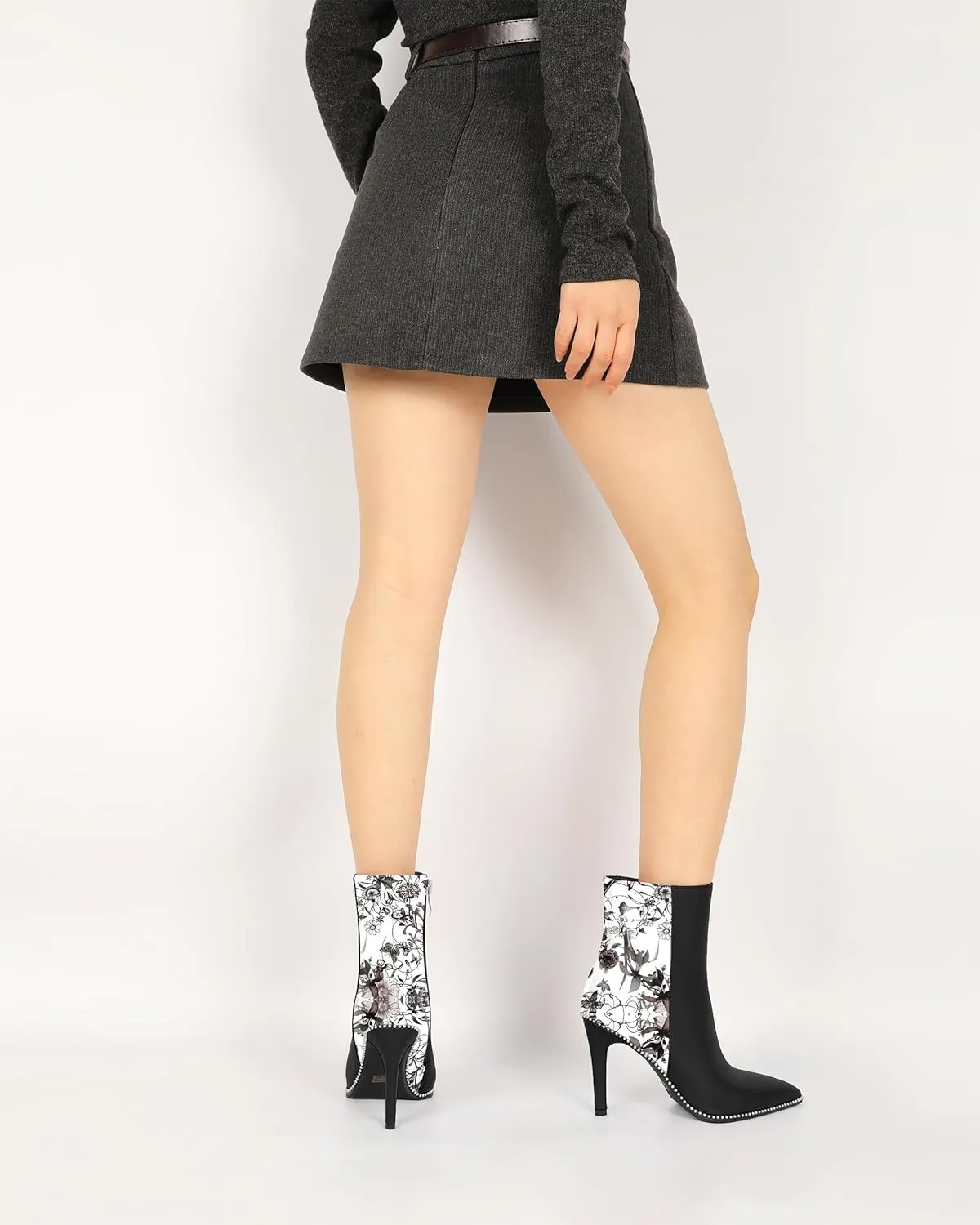 Joseywade Ankle Boots High Heel Boot Women Pointed Toe Thin Slim Heel Booties Side Zipper Beaded Short Boots