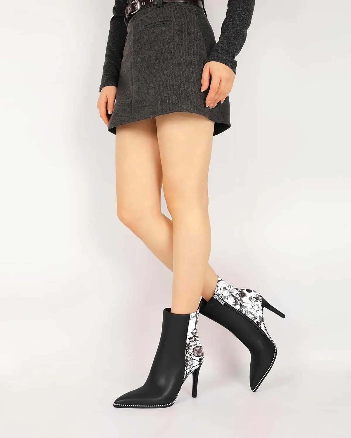 Joseywade Ankle Boots High Heel Boot Women Pointed Toe Thin Slim Heel Booties Side Zipper Beaded Short Boots