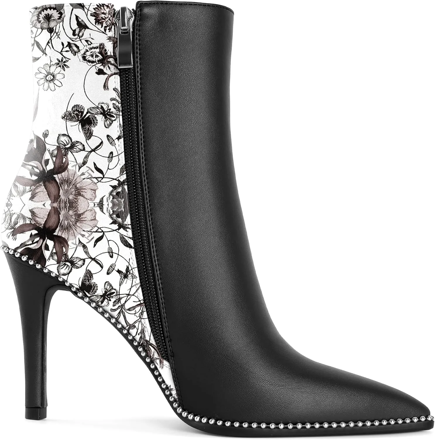 Joseywade Ankle Boots High Heel Boot Women Pointed Toe Thin Slim Heel Booties Side Zipper Beaded Short Boots
