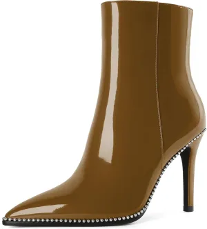 Joseywade Ankle Boots High Heel Boots Women Pointed Toe Stiletto Thin Slim Heel Booties Side Zipper Beaded Short Boots Shoes