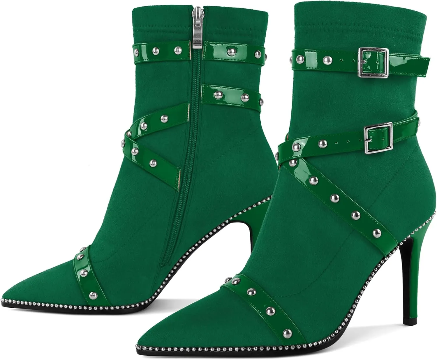 Joseywade Womens Ankle Booties 3.7 Inch Heel High Stiletto Boots Beaded Studded Pointed Toe Side Zipper Boots Size 5-13
