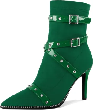 Joseywade Womens Ankle Booties 3.7 Inch Heel High Stiletto Boots Beaded Studded Pointed Toe Side Zipper Boots Size 5-13