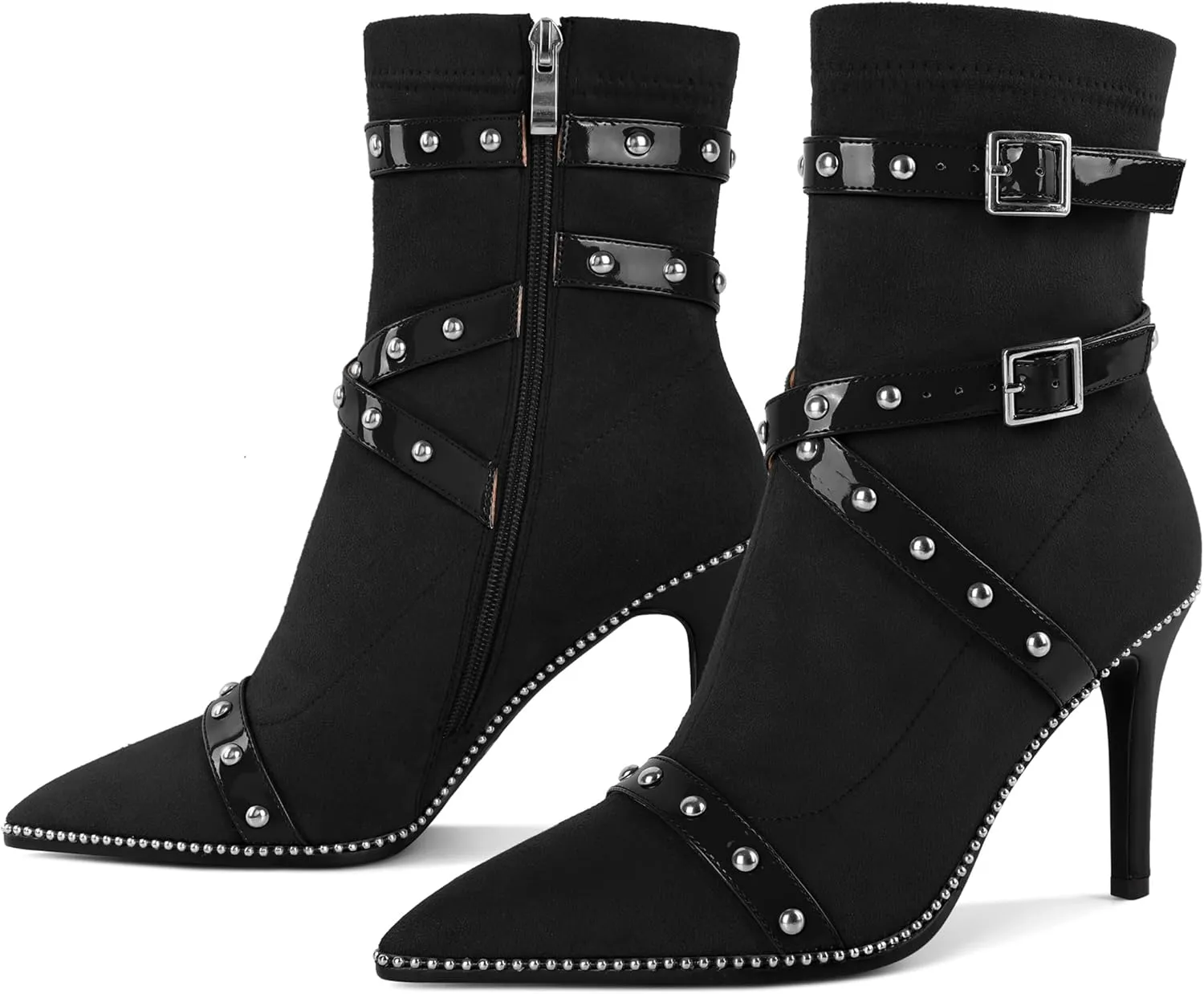 Joseywade Womens Ankle Booties 3.7 Inch Heel High Stiletto Boots Beaded Studded Pointed Toe Side Zipper Boots Size 5-13