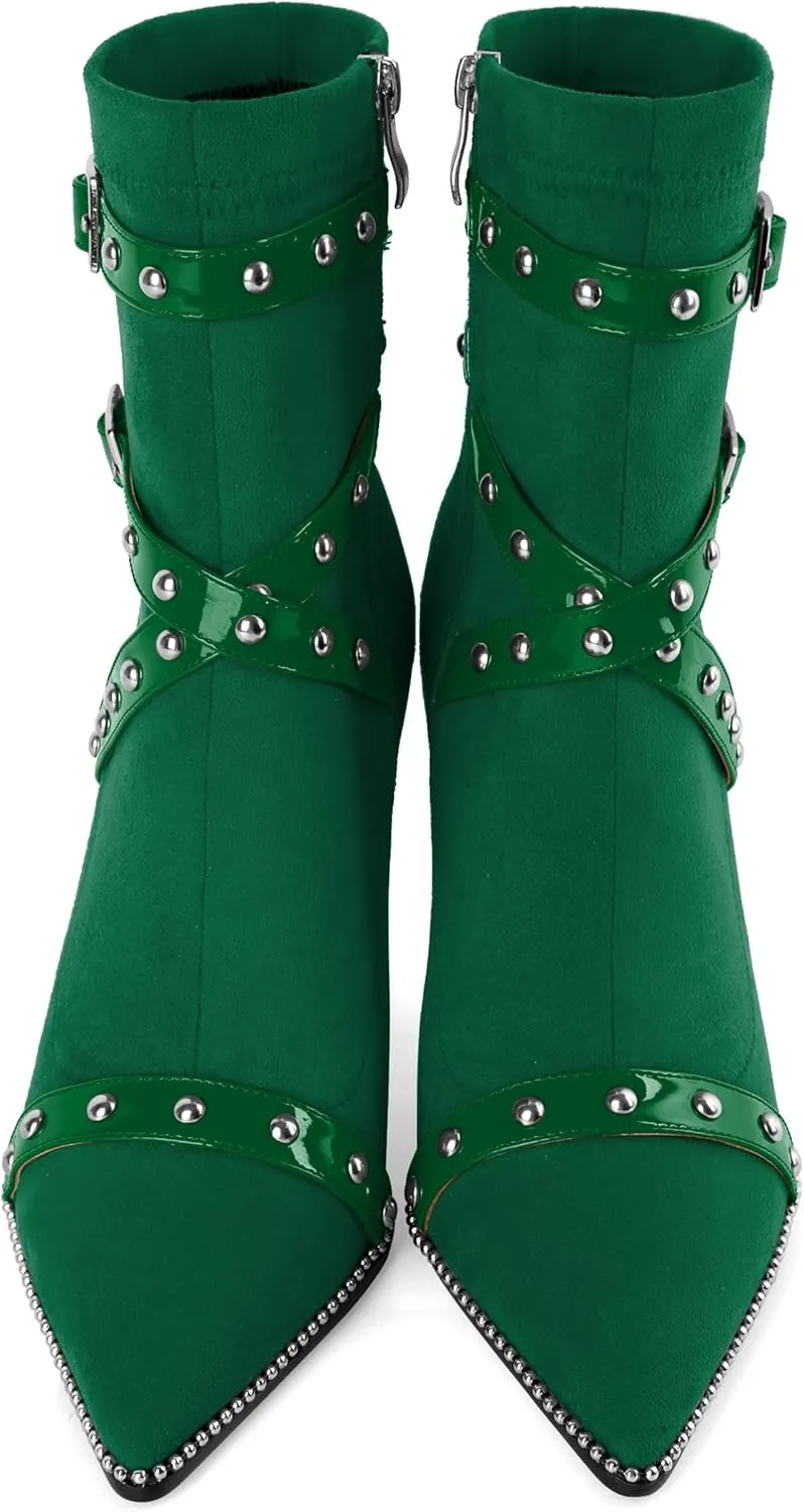Joseywade Womens Ankle Booties 3.7 Inch Heel High Stiletto Boots Beaded Studded Pointed Toe Side Zipper Boots Size 5-13