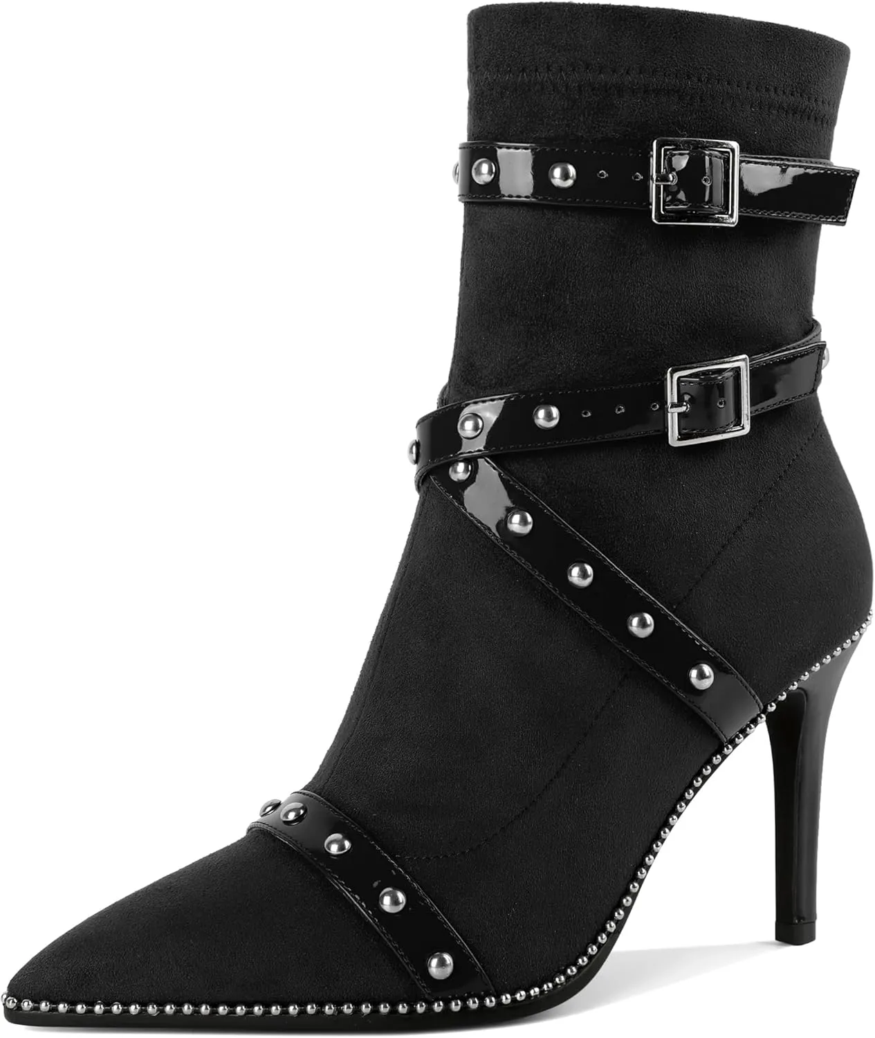 Joseywade Womens Ankle Booties 3.7 Inch Heel High Stiletto Boots Beaded Studded Pointed Toe Side Zipper Boots Size 5-13