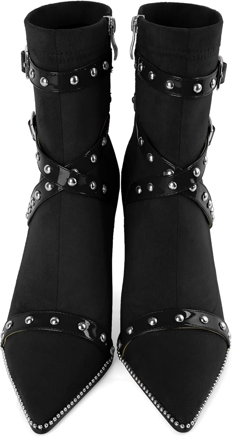 Joseywade Womens Ankle Booties 3.7 Inch Heel High Stiletto Boots Beaded Studded Pointed Toe Side Zipper Boots Size 5-13