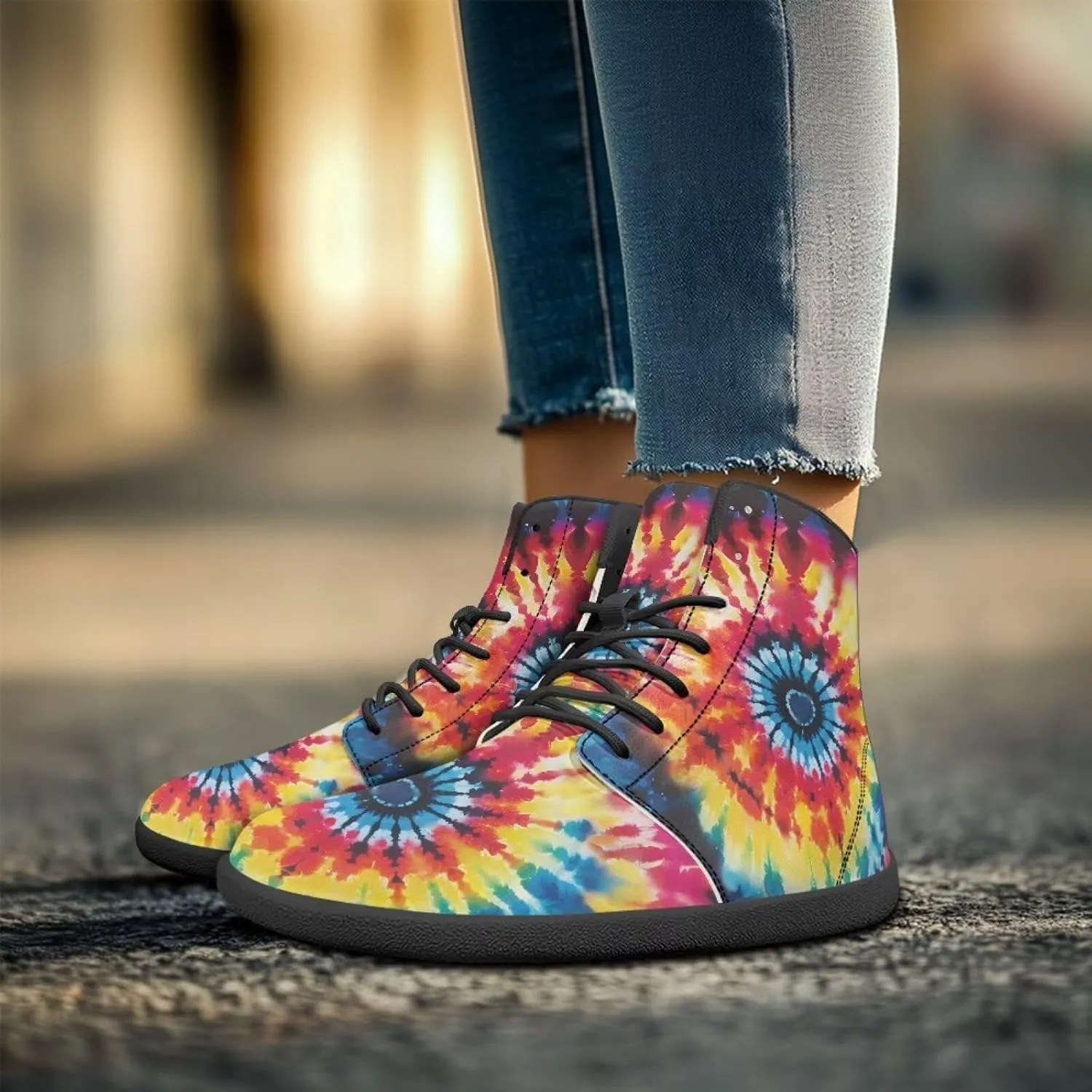 JoyLamoria Men Women High Top Barefoot Shoes Rainbow Pattern Pattern LGBT Fashion Sneakers Lace Up PU Leather Platform