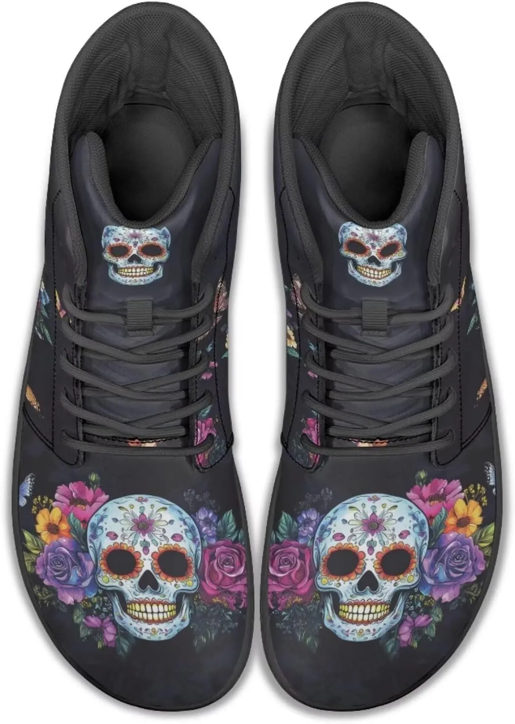JoyLamoria Skull Rose Butterfly High Top Women Shoes Fashion Lace Walking Tennis Shoes Leather Hip Hop Street Sneaker