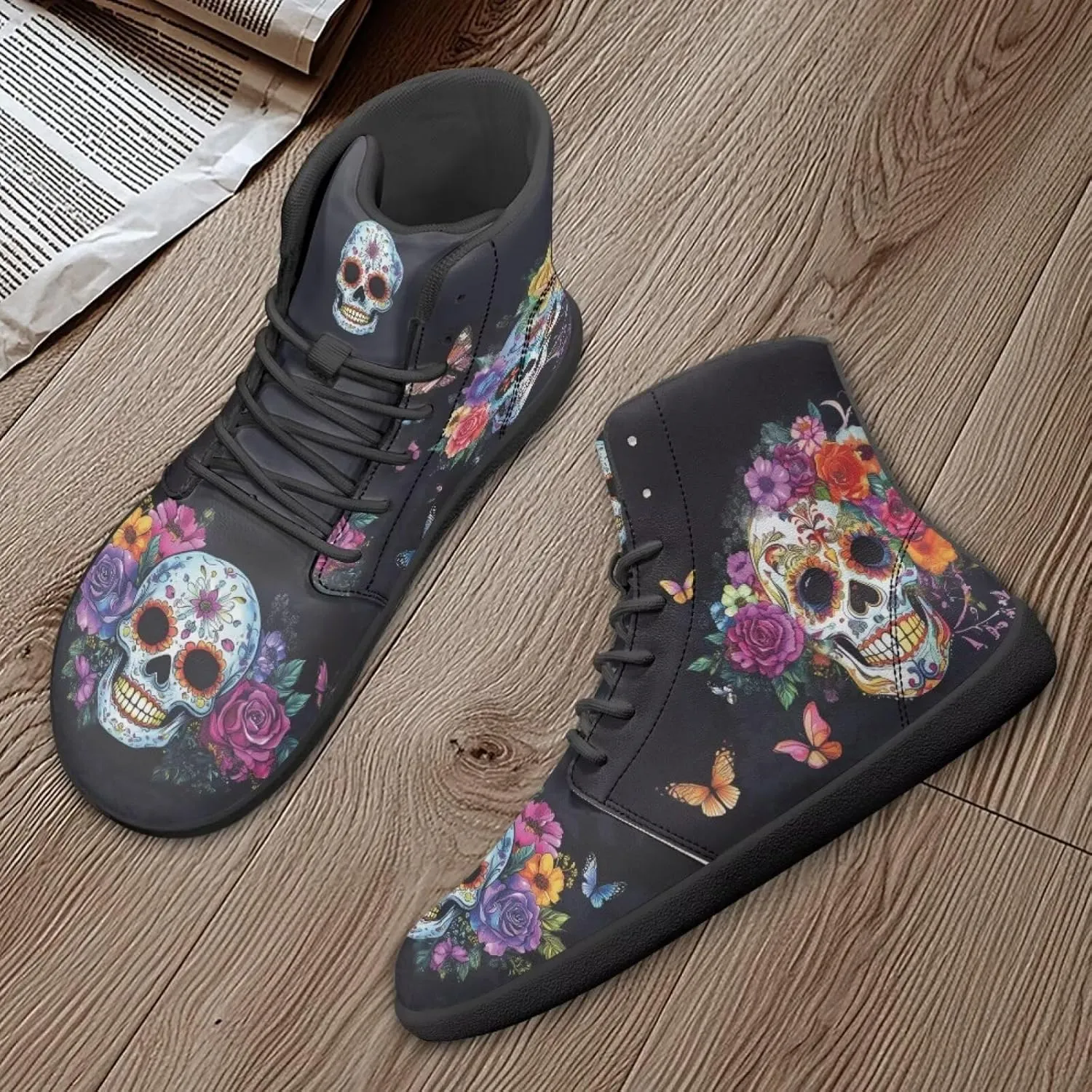 JoyLamoria Skull Rose Butterfly High Top Women Shoes Fashion Lace Walking Tennis Shoes Leather Hip Hop Street Sneaker