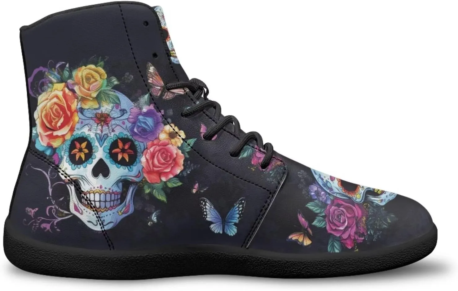 JoyLamoria Skull Rose Butterfly High Top Women Shoes Fashion Lace Walking Tennis Shoes Leather Hip Hop Street Sneaker