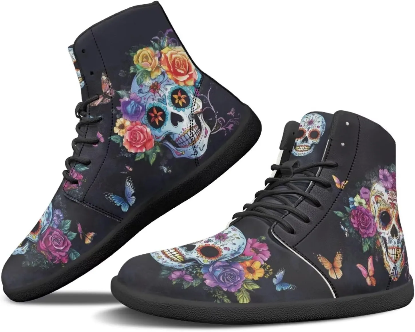 JoyLamoria Skull Rose Butterfly High Top Women Shoes Fashion Lace Walking Tennis Shoes Leather Hip Hop Street Sneaker