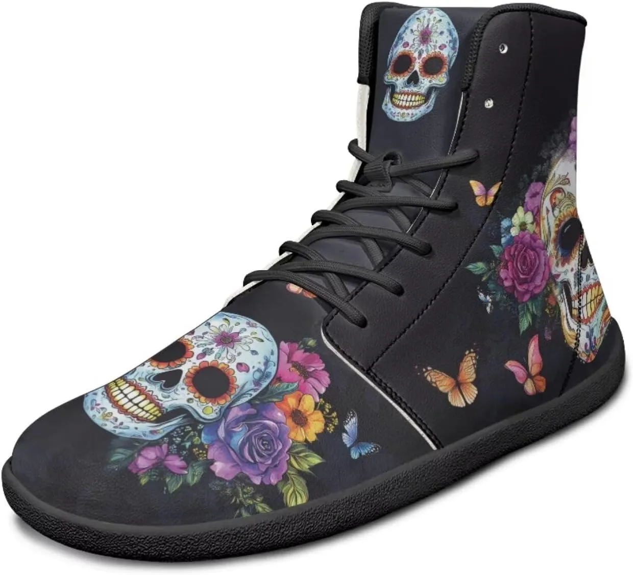 JoyLamoria Skull Rose Butterfly High Top Women Shoes Fashion Lace Walking Tennis Shoes Leather Hip Hop Street Sneaker