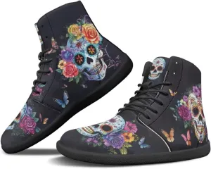 JoyLamoria Skull Rose Butterfly High Top Women Shoes Fashion Lace Walking Tennis Shoes Leather Hip Hop Street Sneaker
